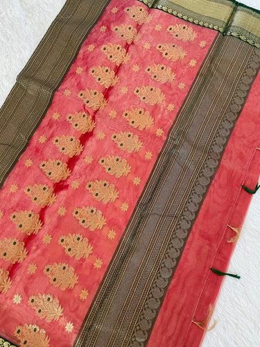Chanderi Tissue Silk saree | Light Brick Red & Pink (Cross Shade) | Handwoven | Ships from California